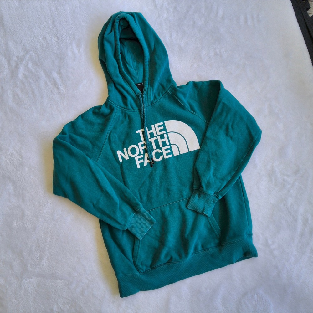The North Face Hoodie Womens Small Teal Green Graphic Logo Pullover Raglan